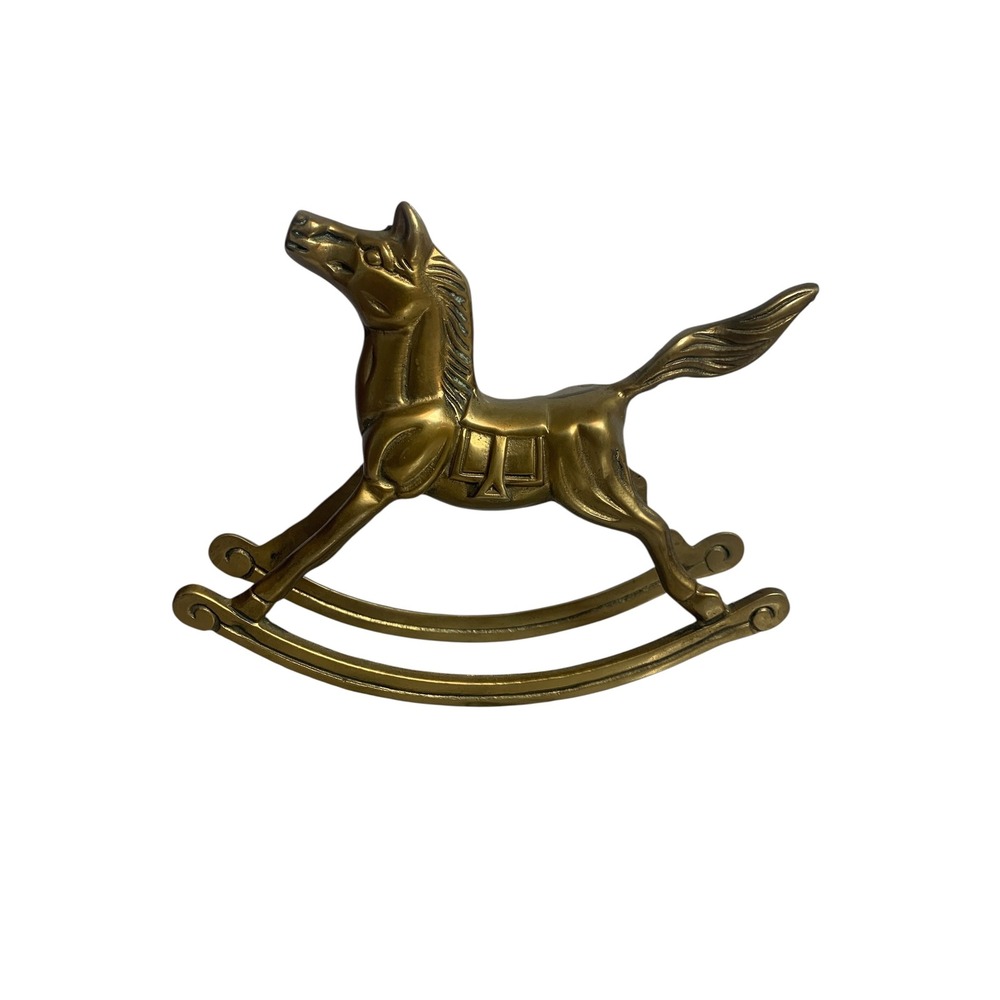 Vintage 1980s Brass Rocking Horse Figurine Equestrian Decor 7.5"